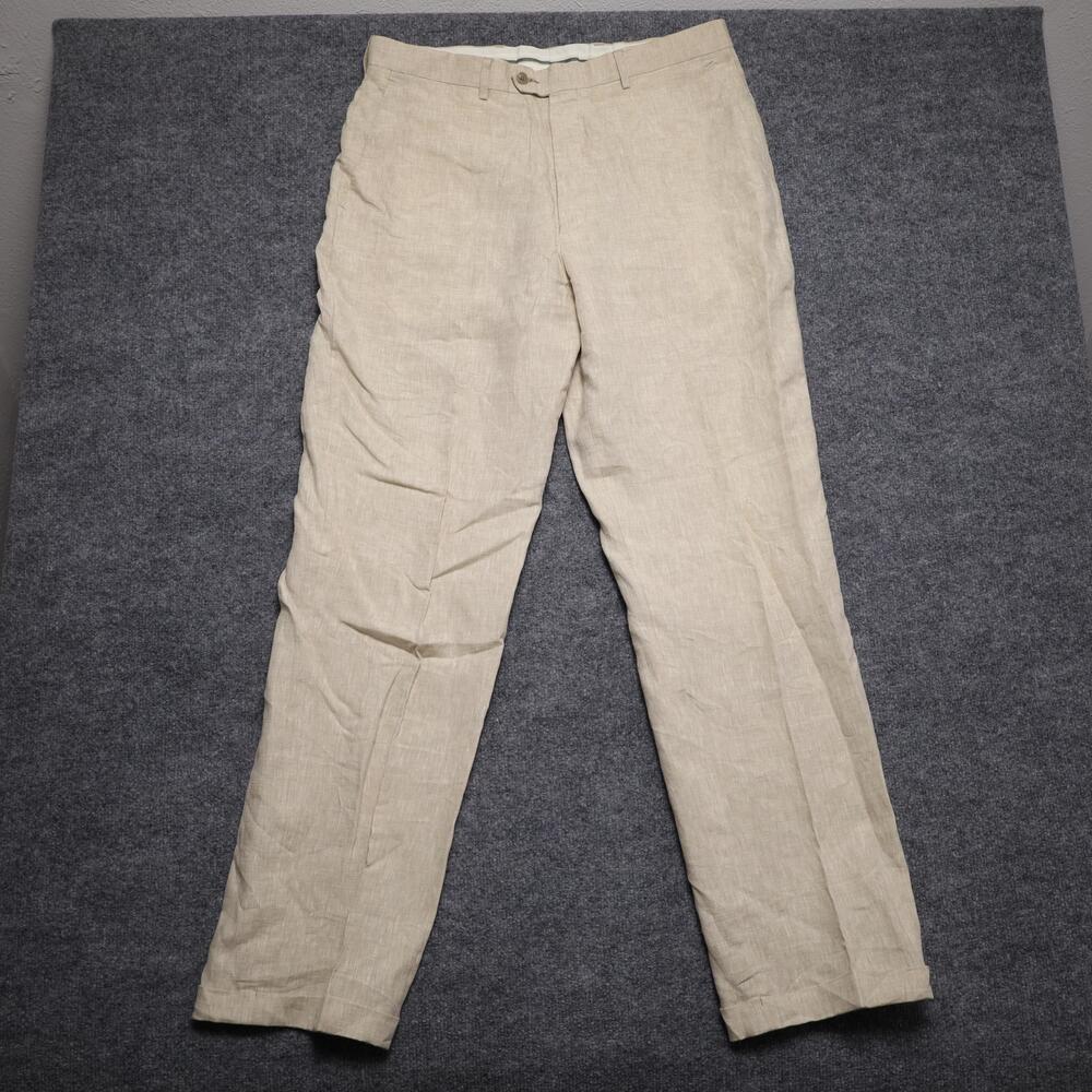 Franco Lotti Dress Pants Mens 36 Beige Linen Lined Flat Front Summer Trousers